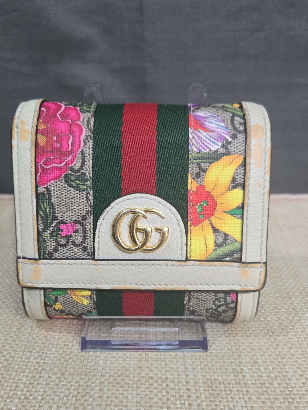 Gucci Floral Canvas Mini Wallet with Green-Red Web and White Trim - Picture 1 of 15